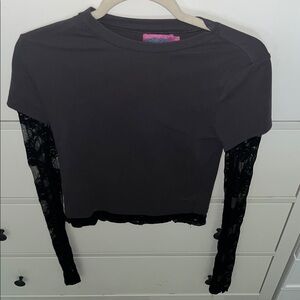 Edikted Black Tee with Sheer Lace Sleeves